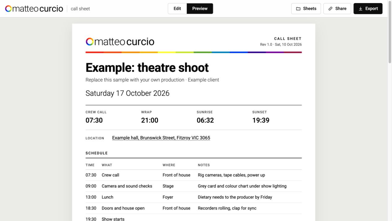 Public example call sheet with crew call, wrap, sunrise, sunset and a shooting schedule