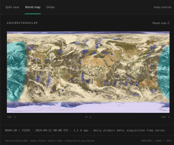 Earth world map with the image-age overlay showing recent coverage in turquoise, daily imagery in yellow and static fill in purple.