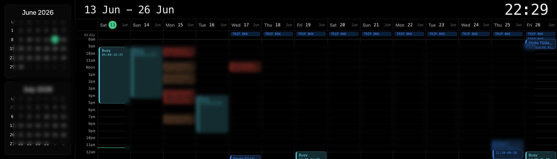 Wide home kiosk calendar page showing mini month views on the left and a fourteen-day schedule grid across the ultrawide display.