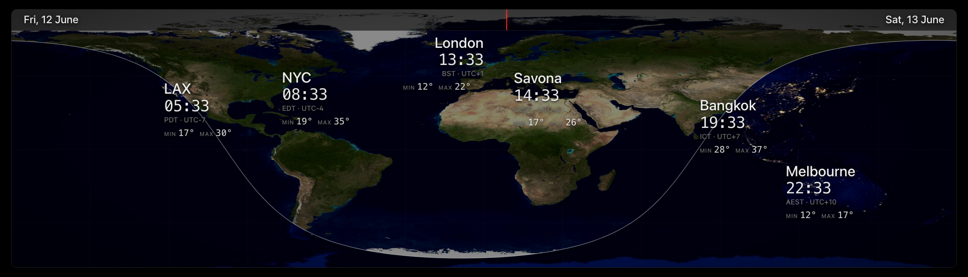 Wide world clock page showing day and night across the earth with selected city times.