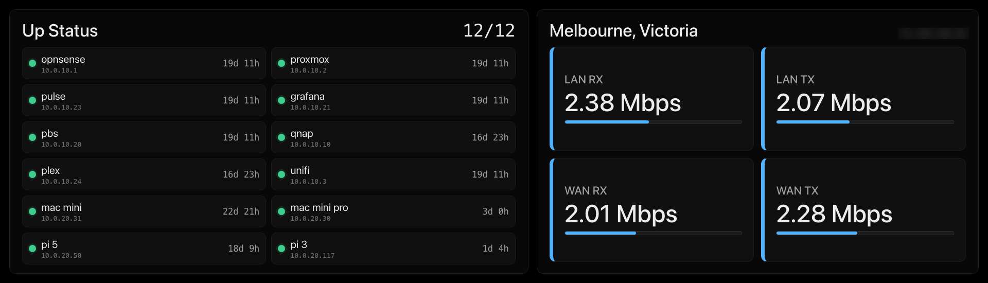 Wide status page showing home machine uptime cards and network throughput gauges.