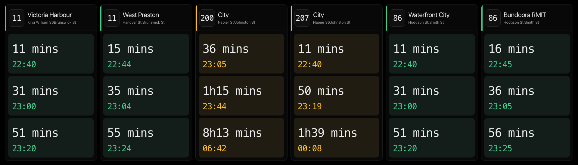 Wide transport board showing tram and bus departures in side-by-side columns.