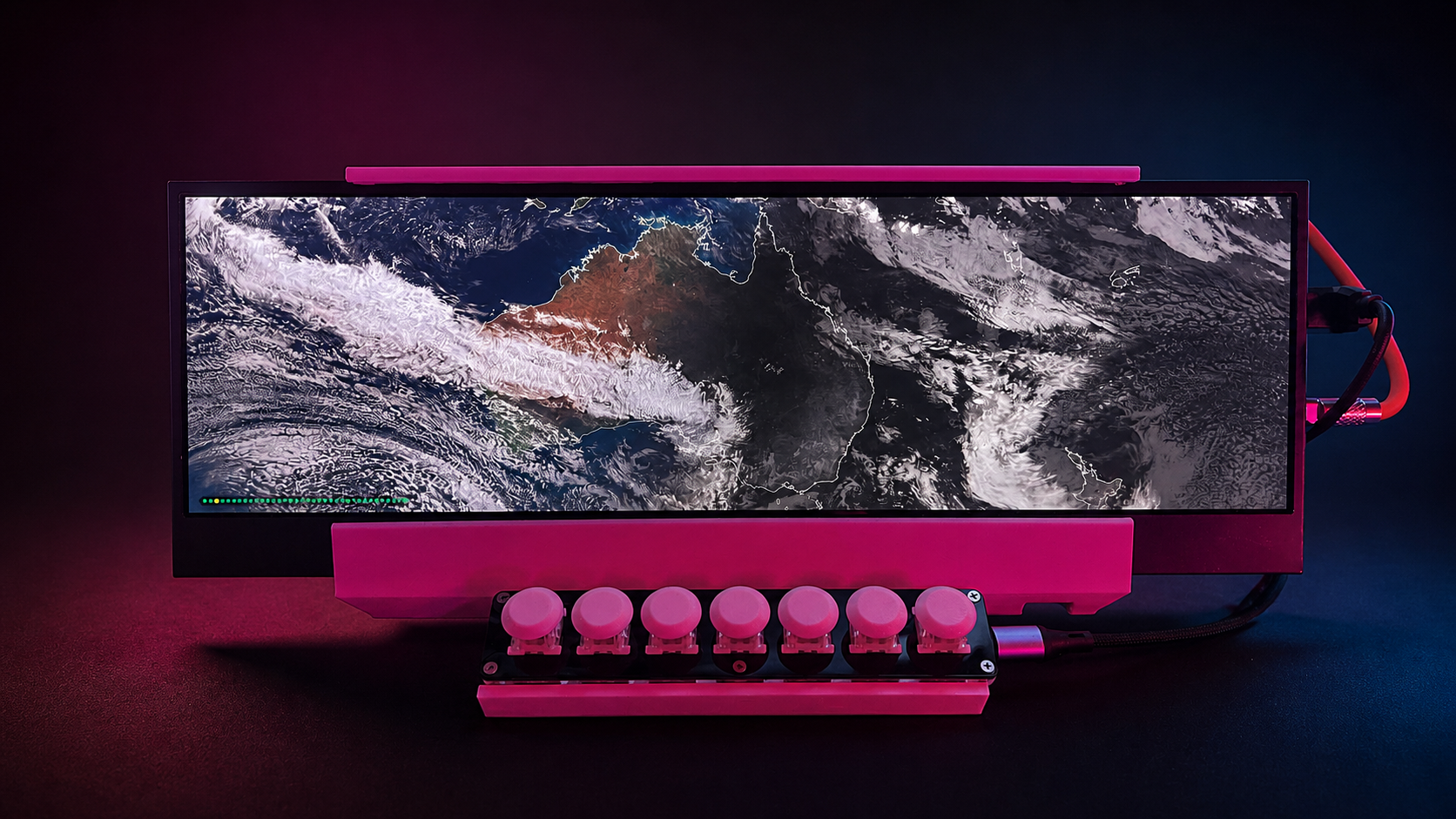 Ultrawide home kiosk in a 3D-printed frame with a seven-button switcher