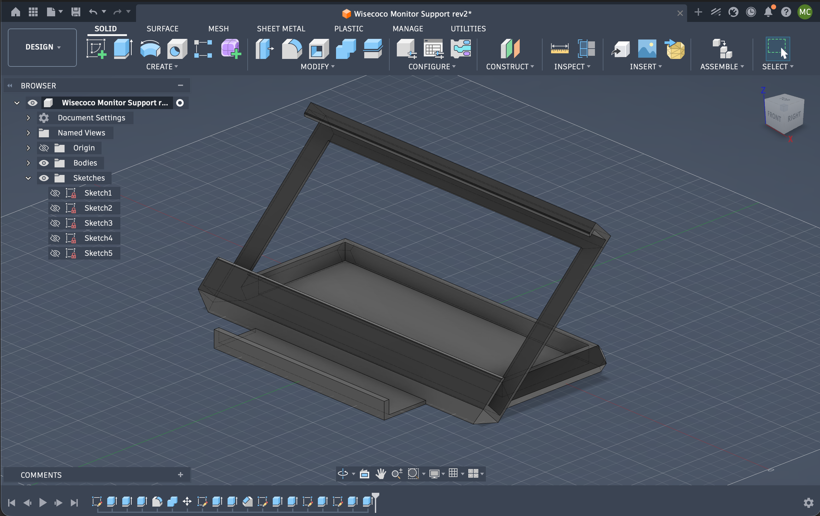 Autodesk Fusion model of the 3D-printed support frame for the Wisecoco ultrawide kiosk monitor.