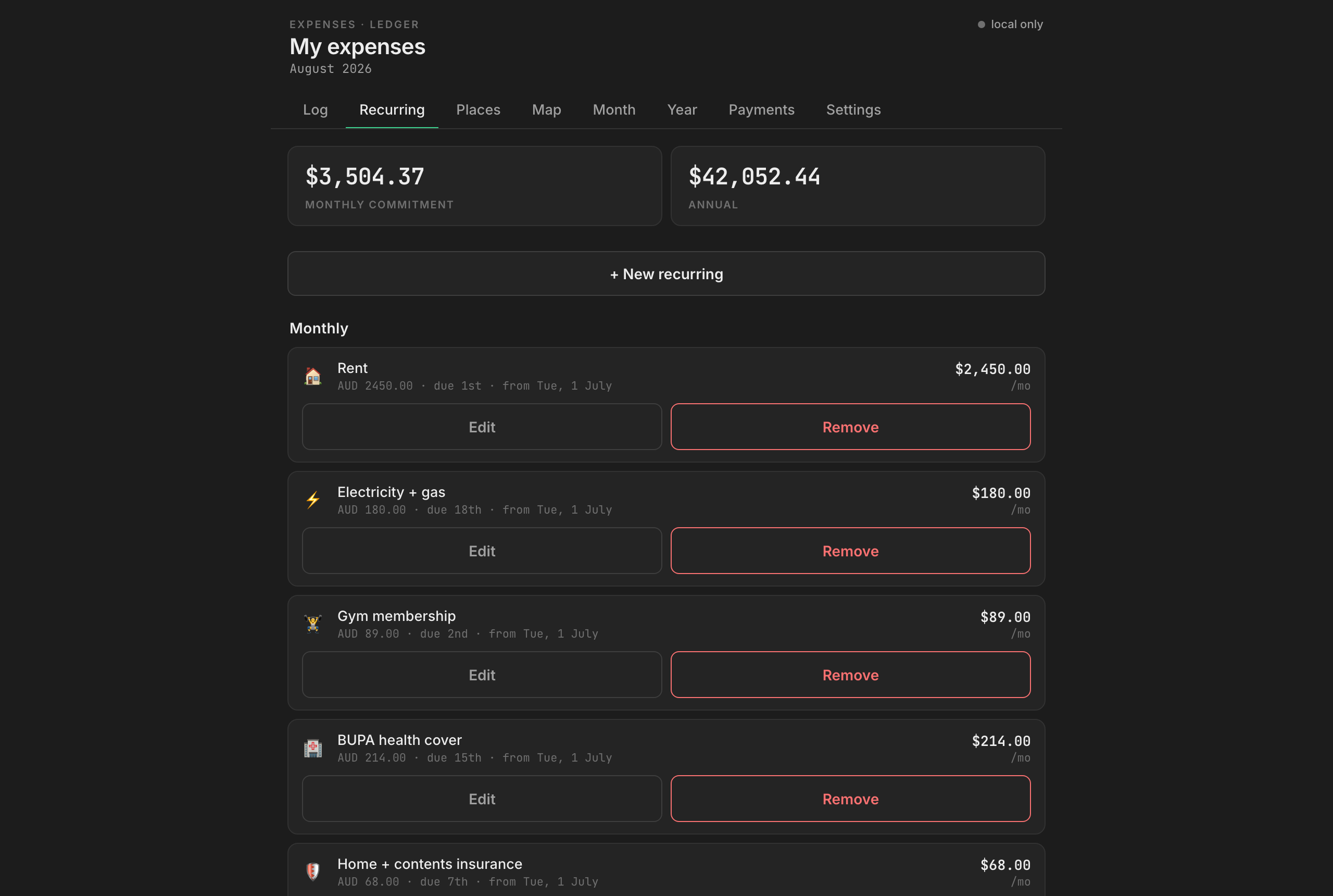 Living costs tracker interface showing summary cards, categories, and expense records