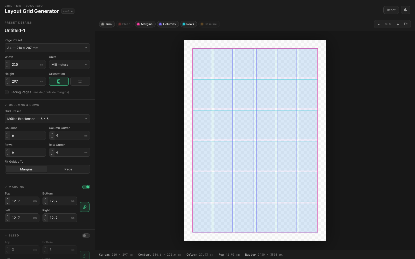 Grid layout generator interface showing page settings and a generated print grid preview