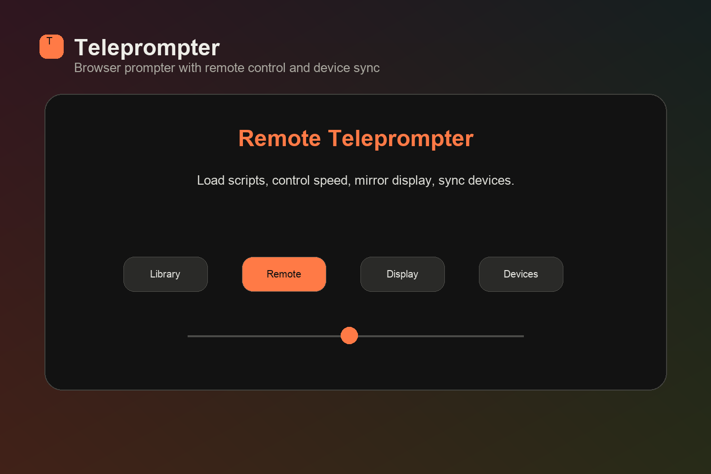 Sanitized teleprompter interface concept showing display, remote, library and device controls