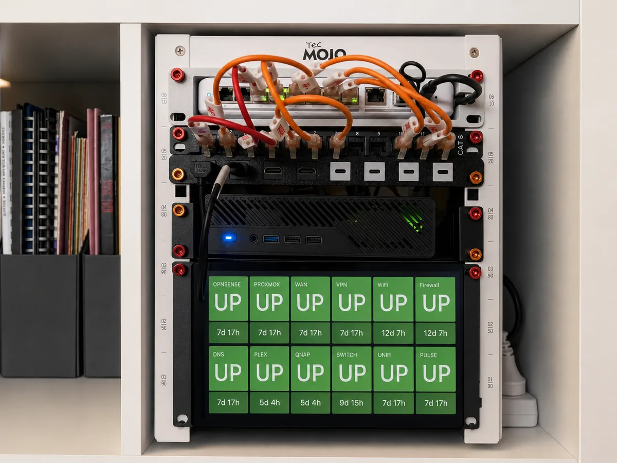 Rack-mounted homelab observability kiosk showing green Grafana status panels