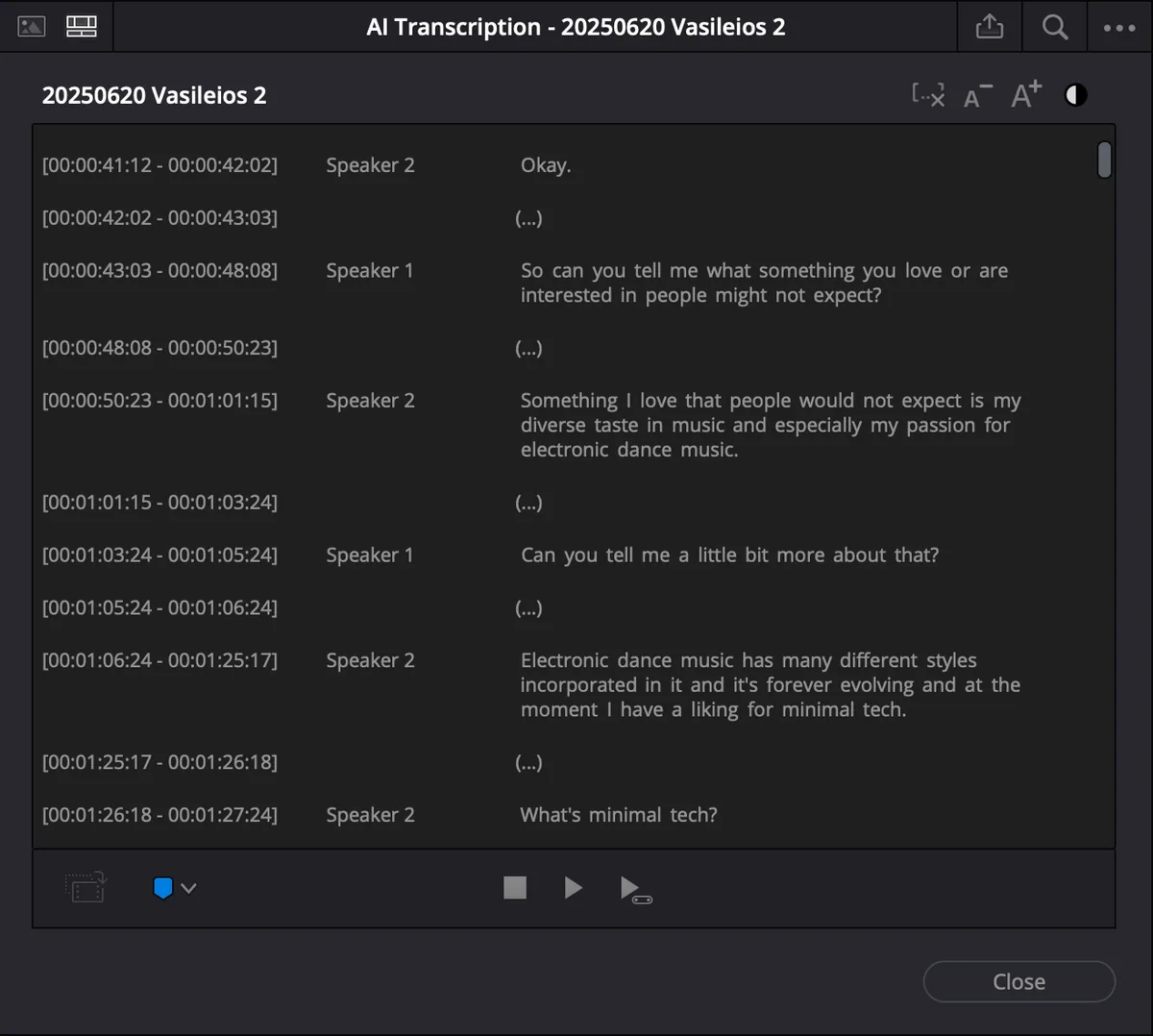 DaVinci Resolve transcript turned into readable dialogue by a Python script