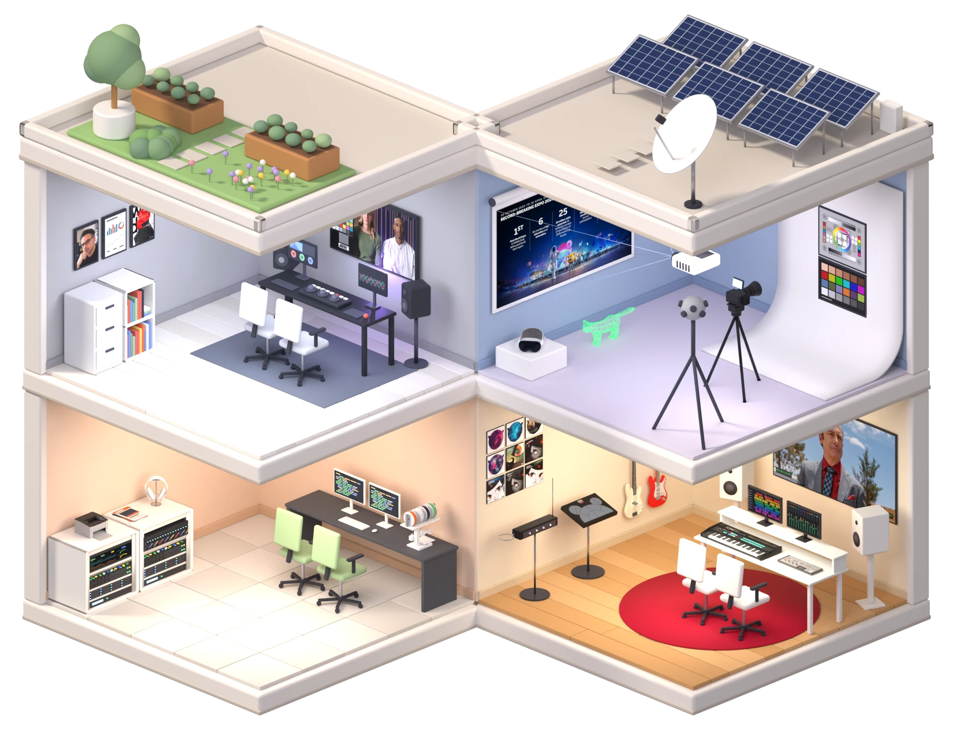 Isometric render of the studio: four rooms stacked two by two with a roof garden and solar panels